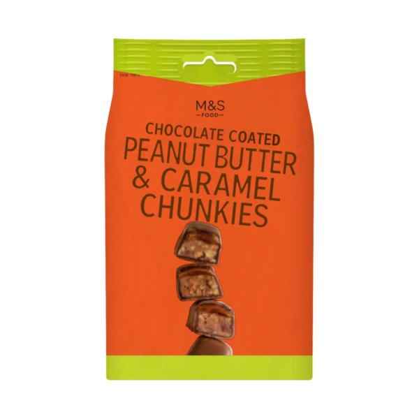 M&S CHOCOLATE COATED PEANUT BUTTER AND CARAMEL CHUNKIES 130G