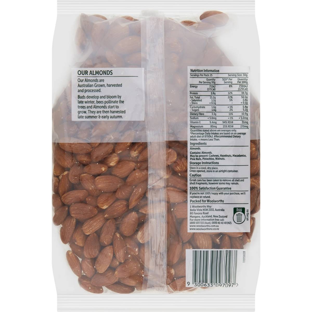Woolworths Almonds Kernels 750g Pack