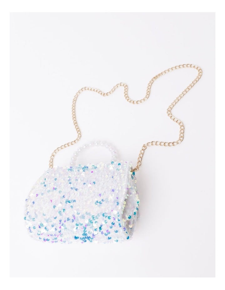 Pearl Handle Sequin Bag in White