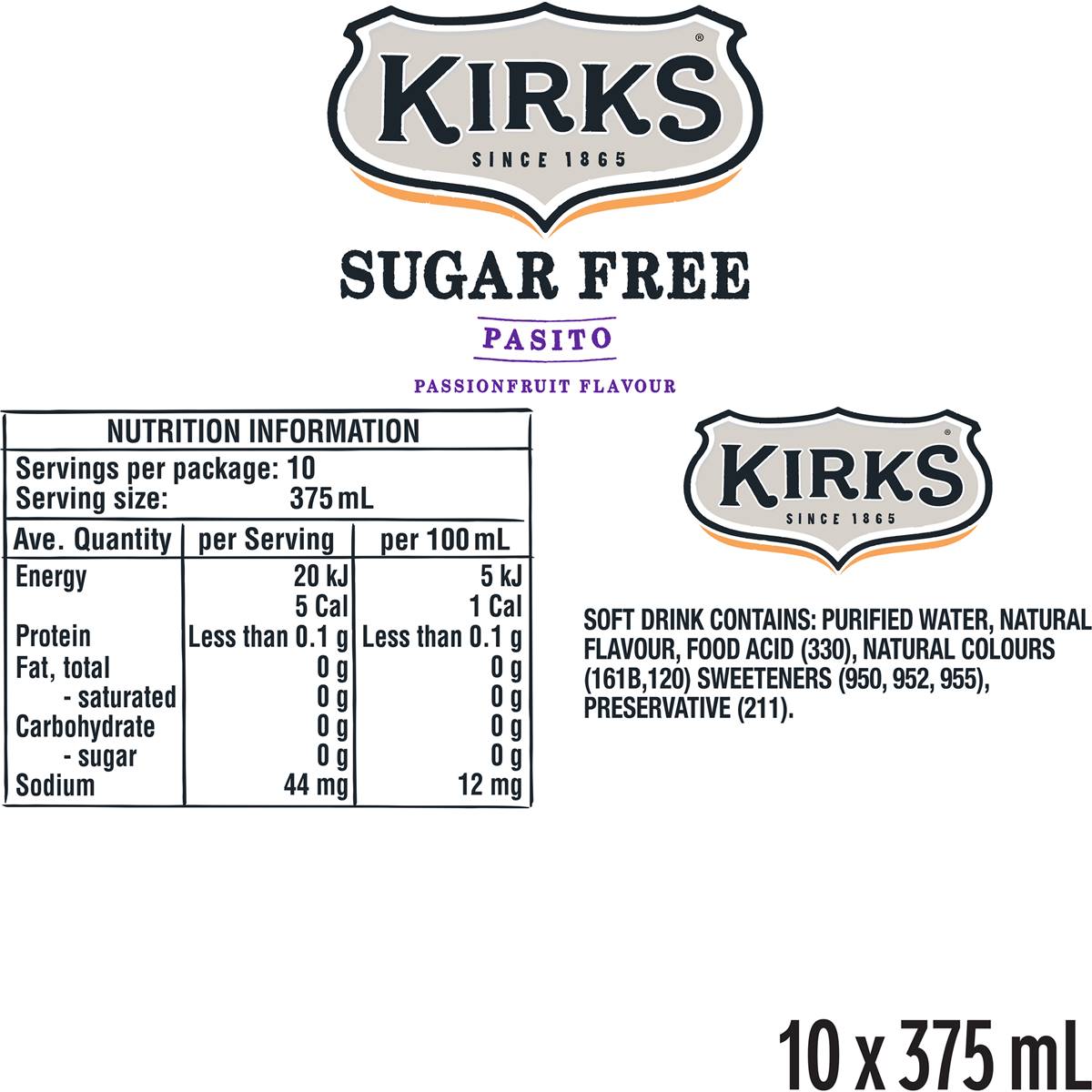 Kirks Sugar Free Pasito Soft Cans 375mL x 10 pack