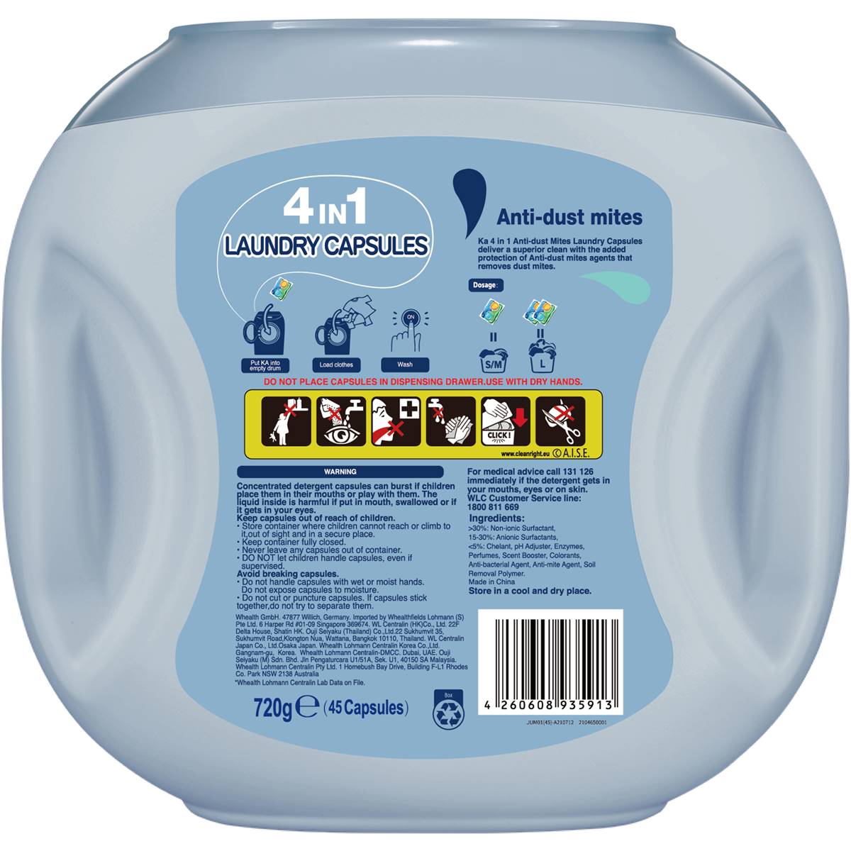 Ka Pod 4 In 1 Anti Dust Mites Laundry Capsules 45 Pack