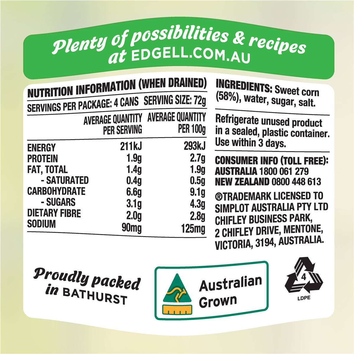 Edgell Australian Super Sweet Corn Kernels Multipack Snacks 125g x 4 Pack