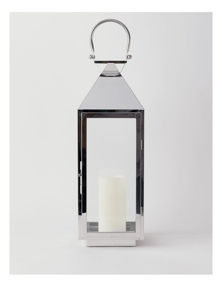 Stainless Detail Iron & Glass Lantern 59cm in Silver