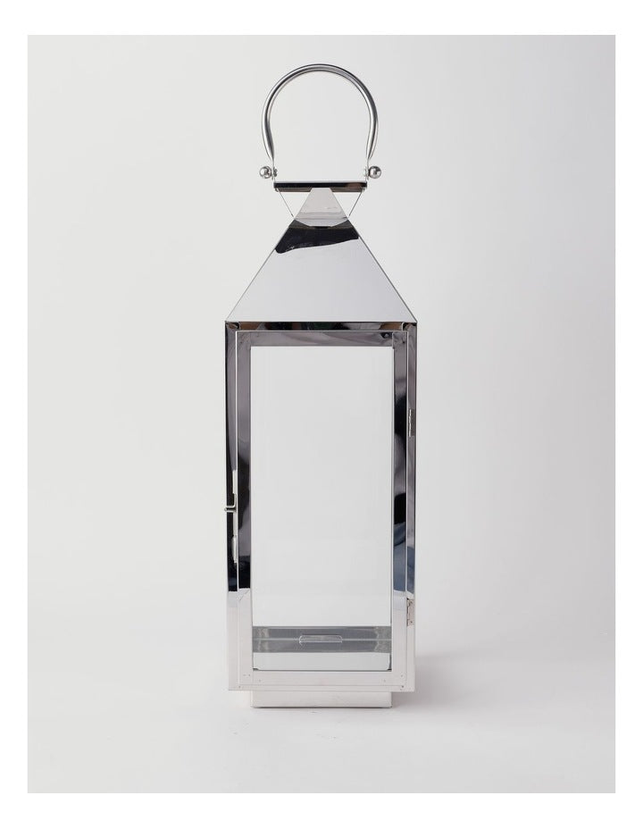Stainless Detail Iron & Glass Lantern 59cm in Silver