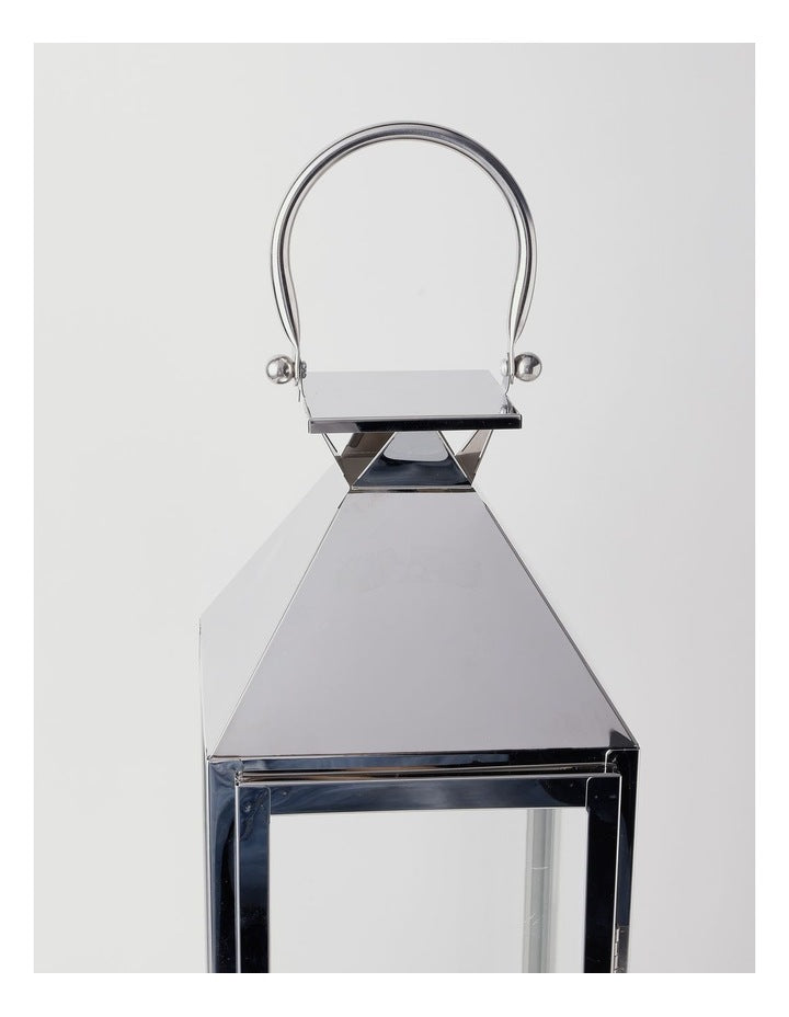Stainless Detail Iron & Glass Lantern 59cm in Silver