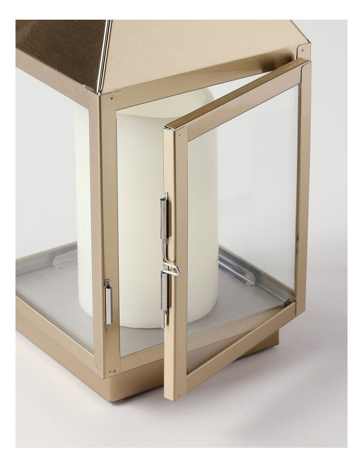 Stainless Detail Iron & Glass Lantern 38cm in Gold