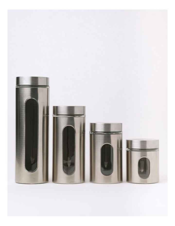 Stainless Steel Canister with Window Set of 4 in Silver