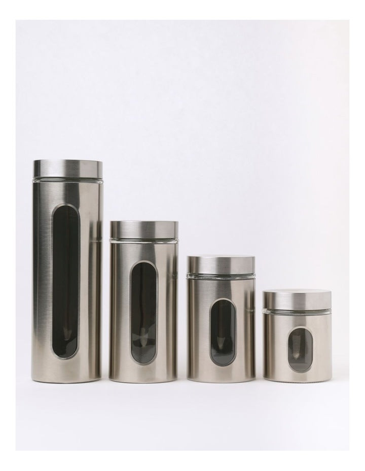 Stainless Steel Canister with Window Set of 4 in Silver