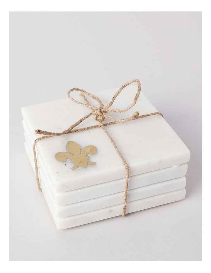 Avery Coasters Set of 4 with Fleur-de-lys in White