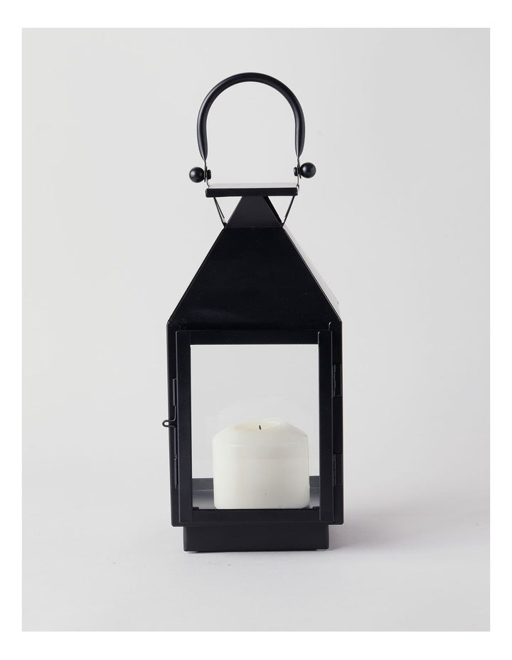 Stainless Detail Iron & Glass Lantern Black 38cm