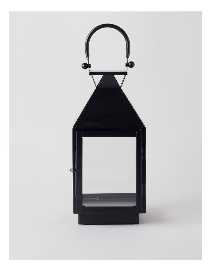 Stainless Detail Iron & Glass Lantern Black 38cm