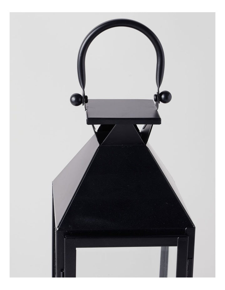 Stainless Detail Iron & Glass Lantern Black 38cm