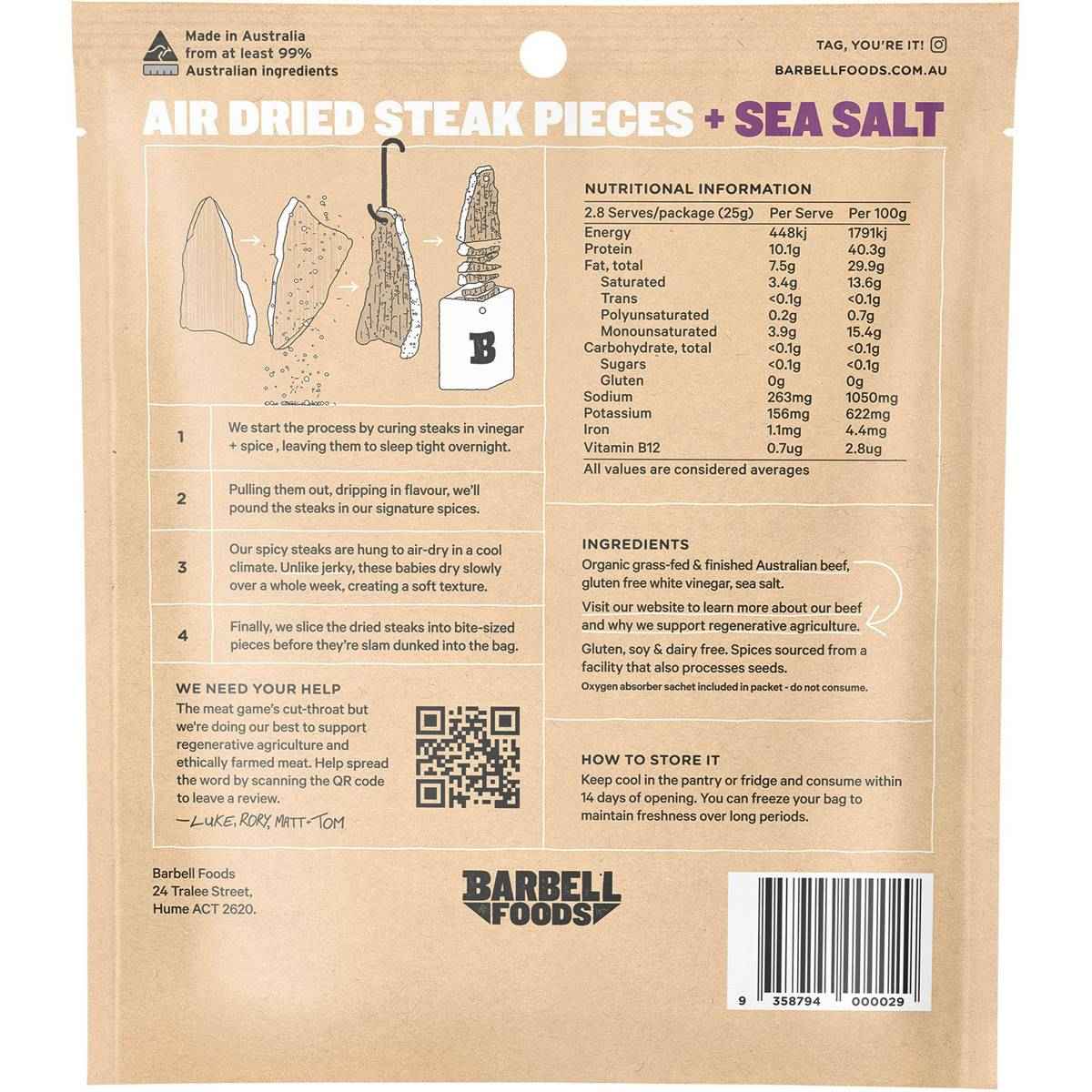 Barbell Biltong Grass Fed Beef Sea Salt 70g