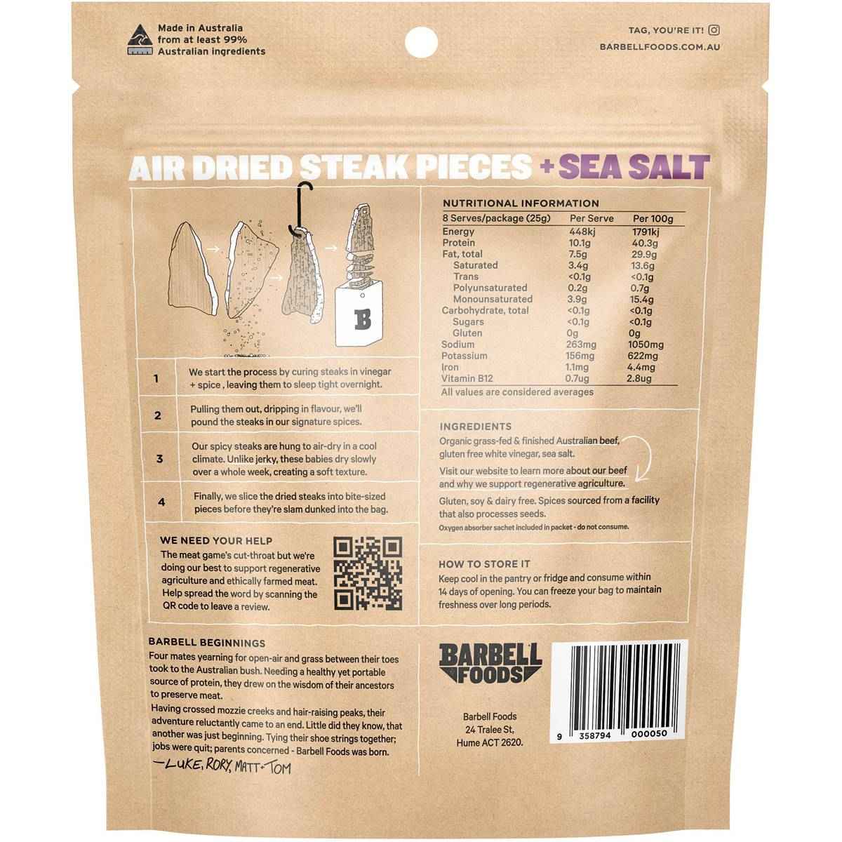 Barbell Biltong Grass Fed Beef Sea Salt 200g