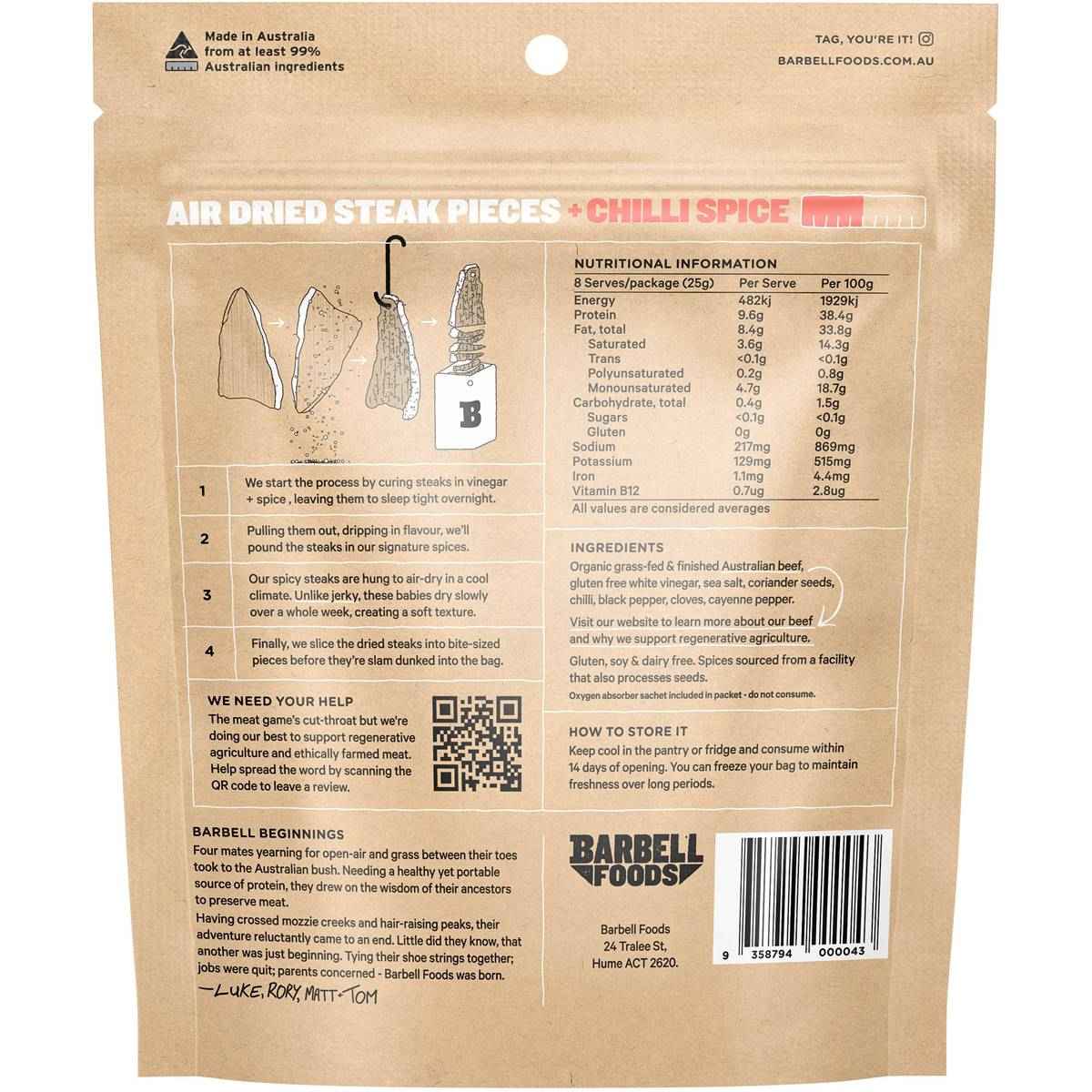 Barbell Biltong Grass Fed Beef Burn Chilli 200g