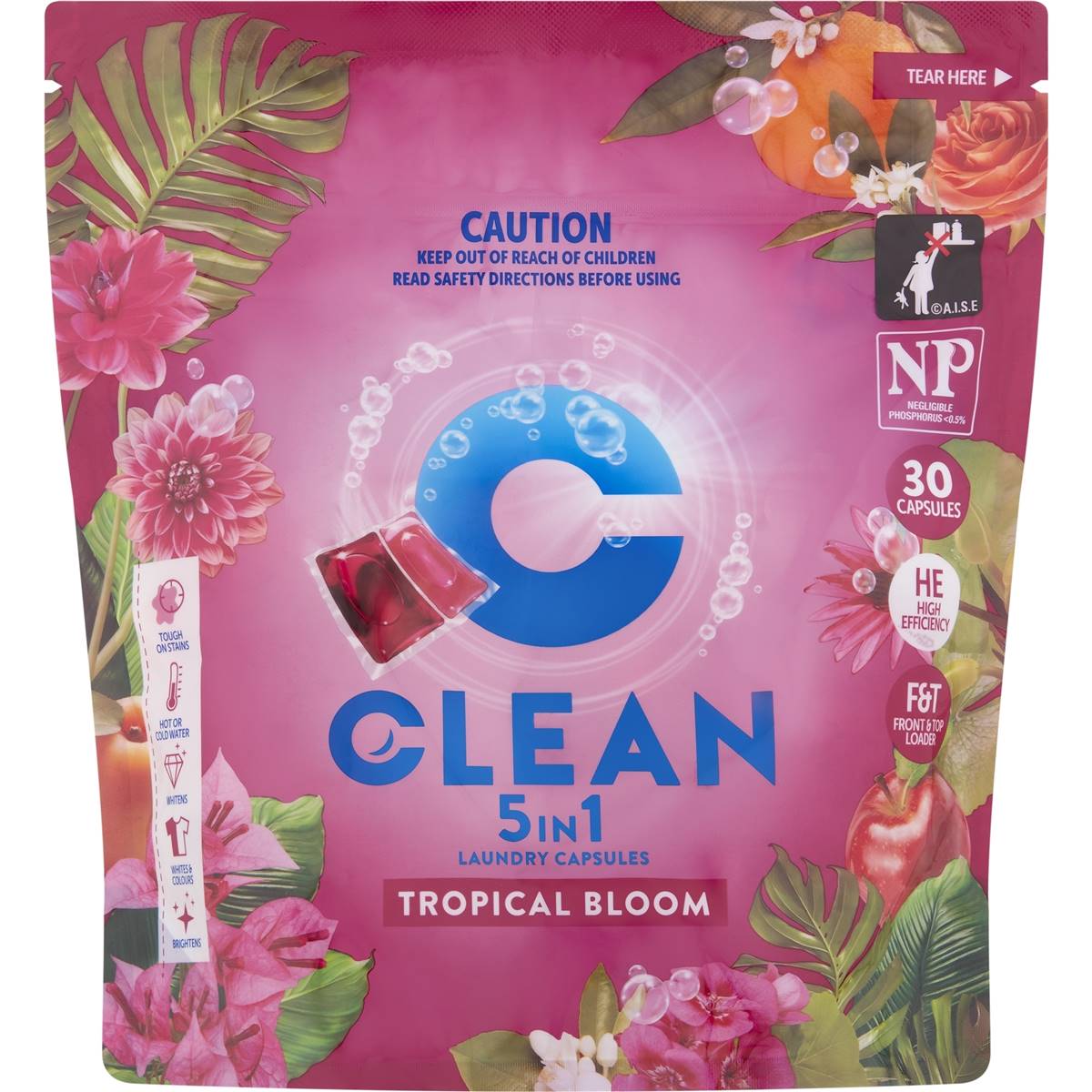 Clean 5 In 1 Laundry Capsules Tropical Bloom 30 Pack