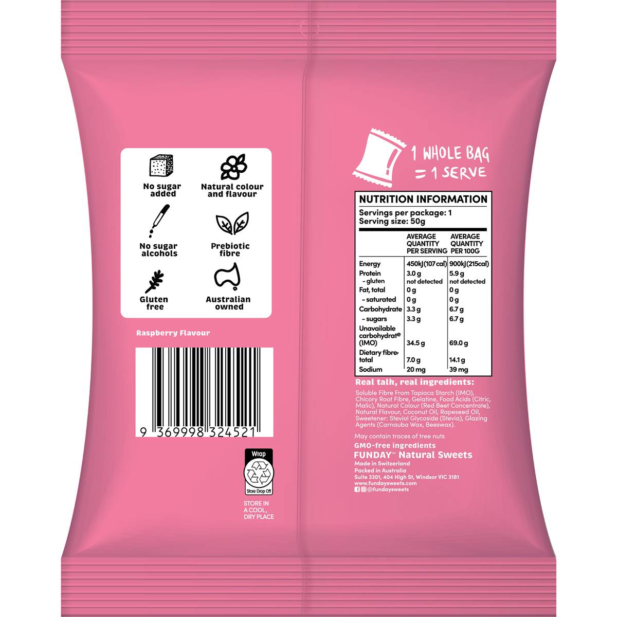 Funday Natural Sweets No Sugar Added Lollies Raspberry Gummy Frogs 50g