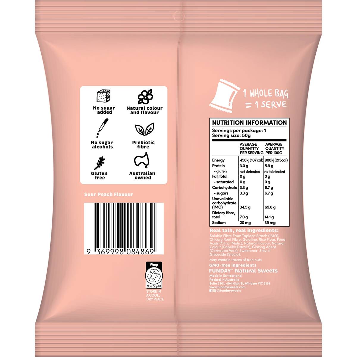 Funday Natural Sweets No Sugar Added Lollies Sour Peach Hearts 50g