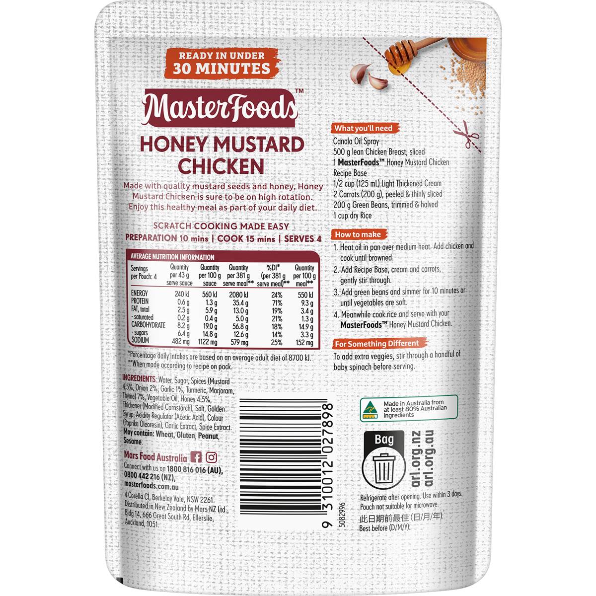 MasterFoods Honey Mustard Chicken Recipe Base 175g