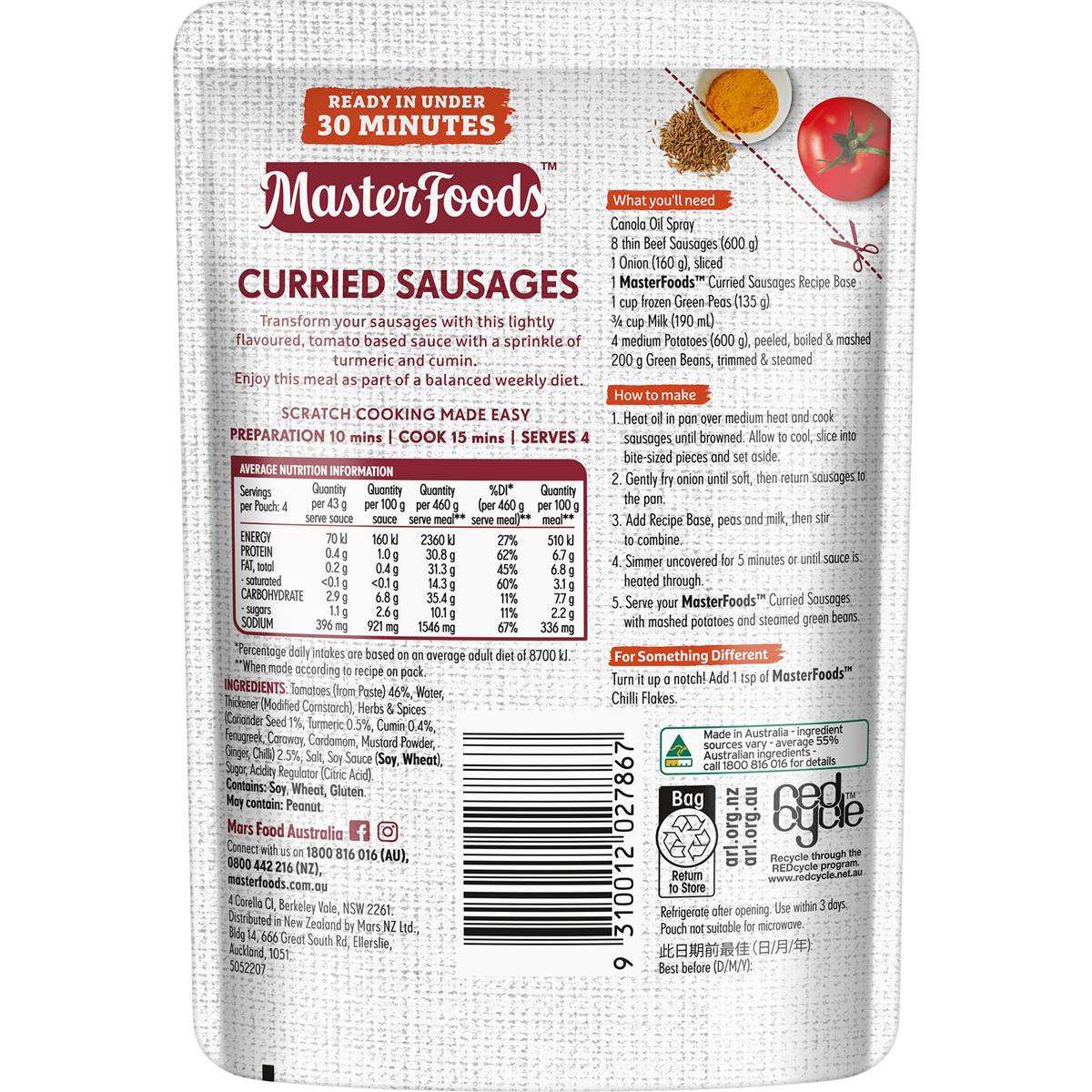 MasterFoods Curried Sausages Recipe Base 175g
