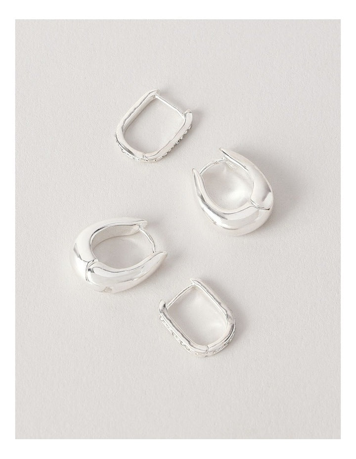 2 Pack Rectangle Huggies Earrings in Silver