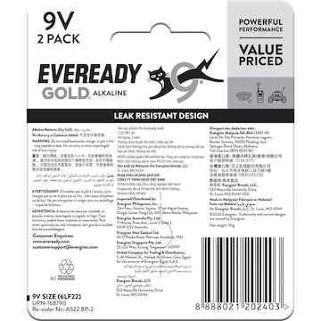 Eveready Gold 9V Alkaline Batteries 2 pack