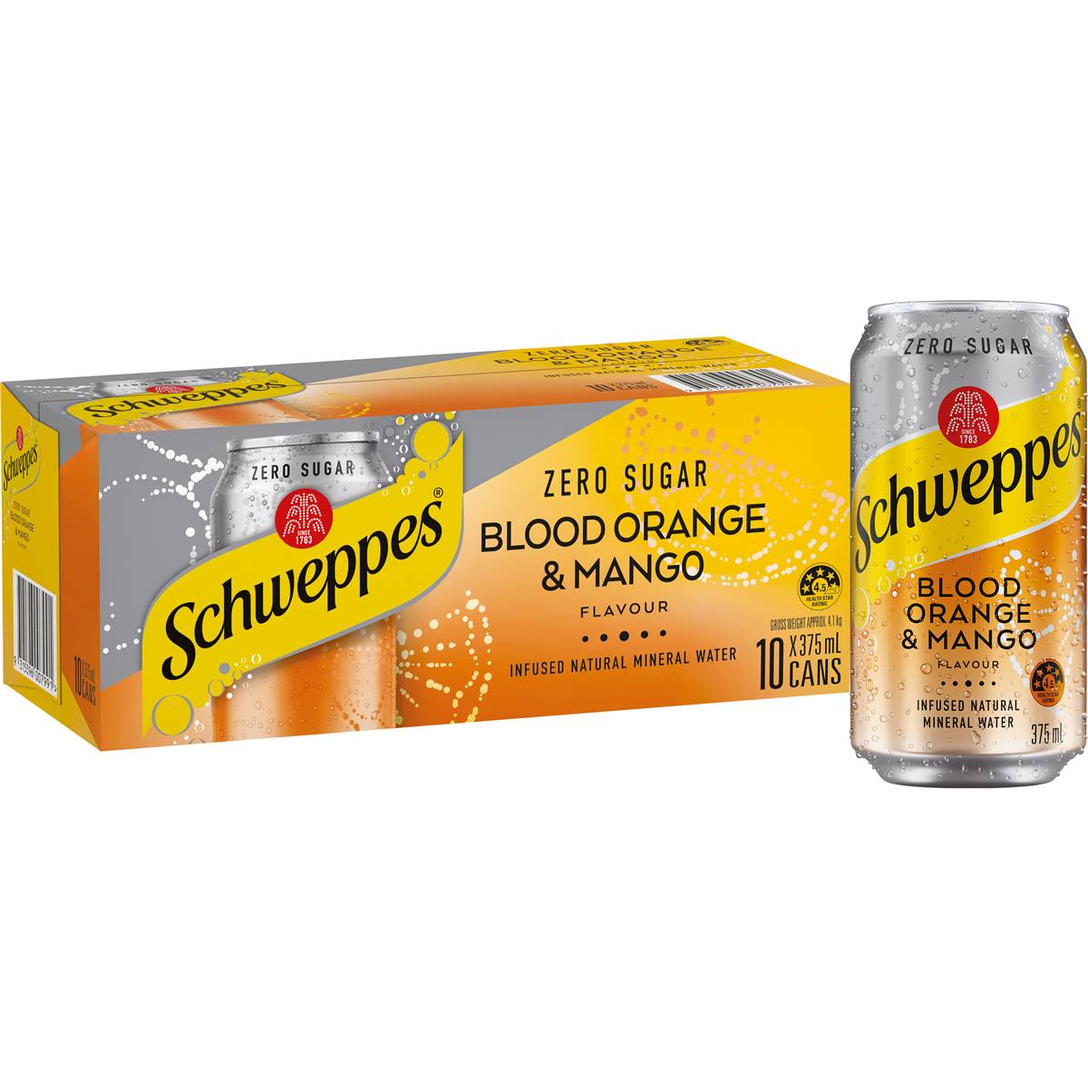 Schweppes Blood Orange Mango Infused Mineral Water Cans Multipack 375ml x 10 Pack