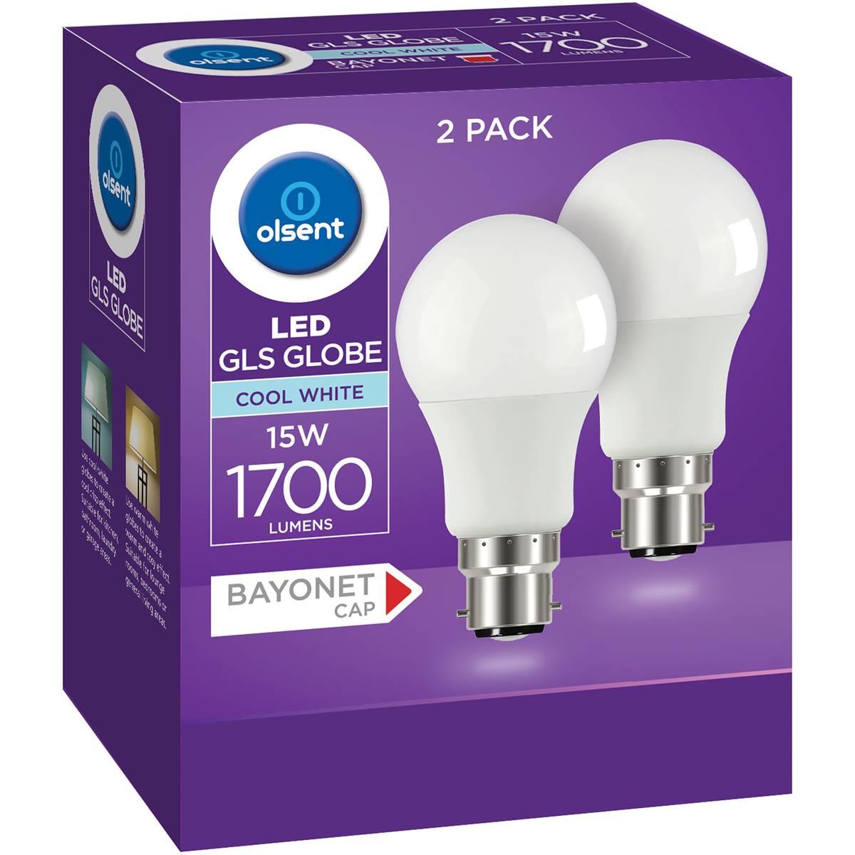 Olsent Led Gls Bayonet Cap 15w 1700lm Cool  White Light Globe 2 Pack