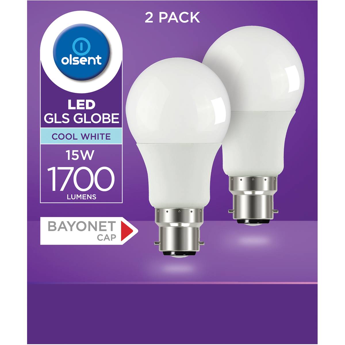 Olsent Led Gls Bayonet Cap 15w 1700lm Cool  White Light Globe 2 Pack