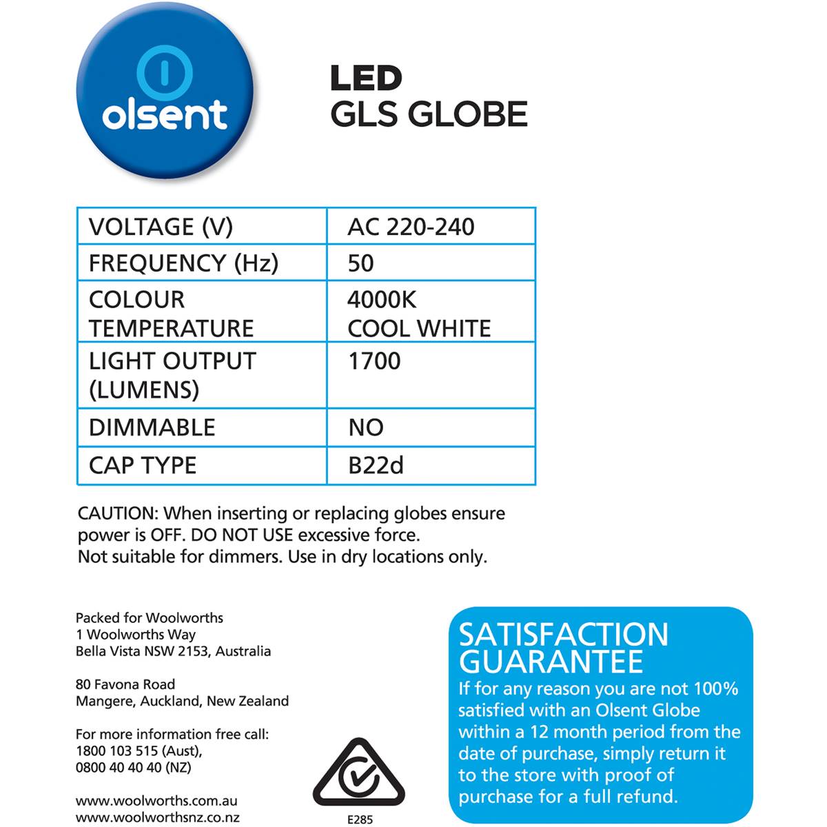 Olsent Led Gls Bayonet Cap 15w 1700lm Cool  White Light Globe 2 Pack