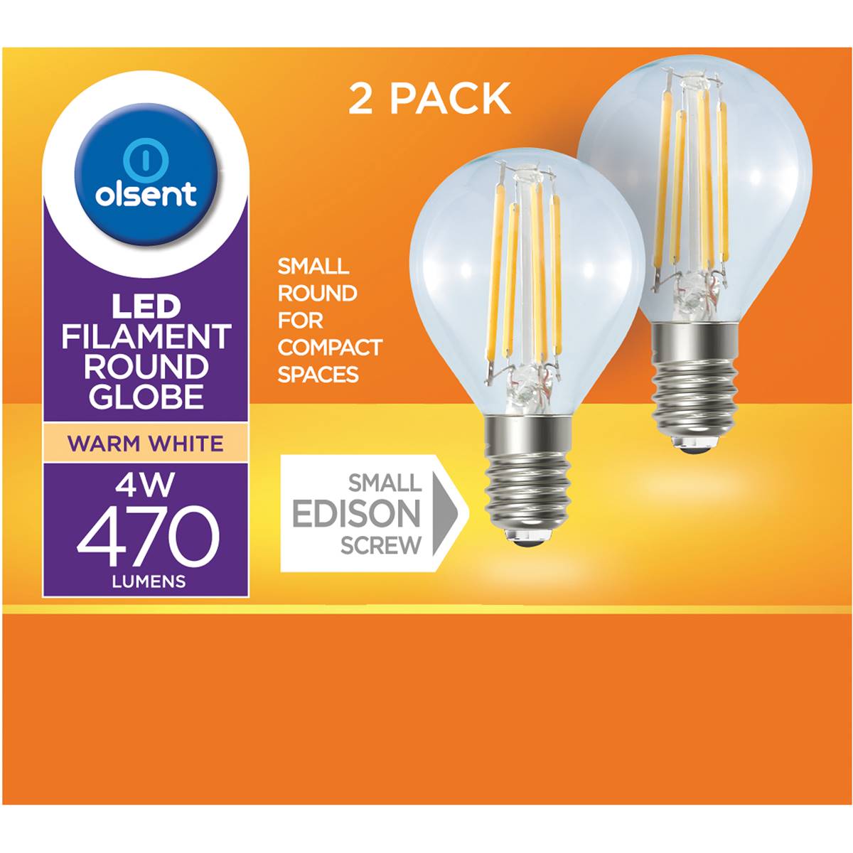 Olsent Led Filament Round Globe 4w Small Edison Screw 2 Pack