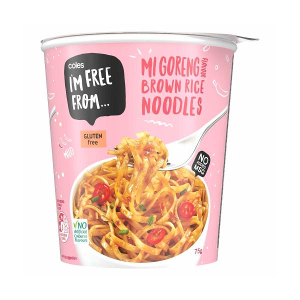 COLES I'M FREE FROM GLUTEN FREE BROWN RICE NOODLE CUPS:MI GORENG:GLUTEN FREE:75 GRAM