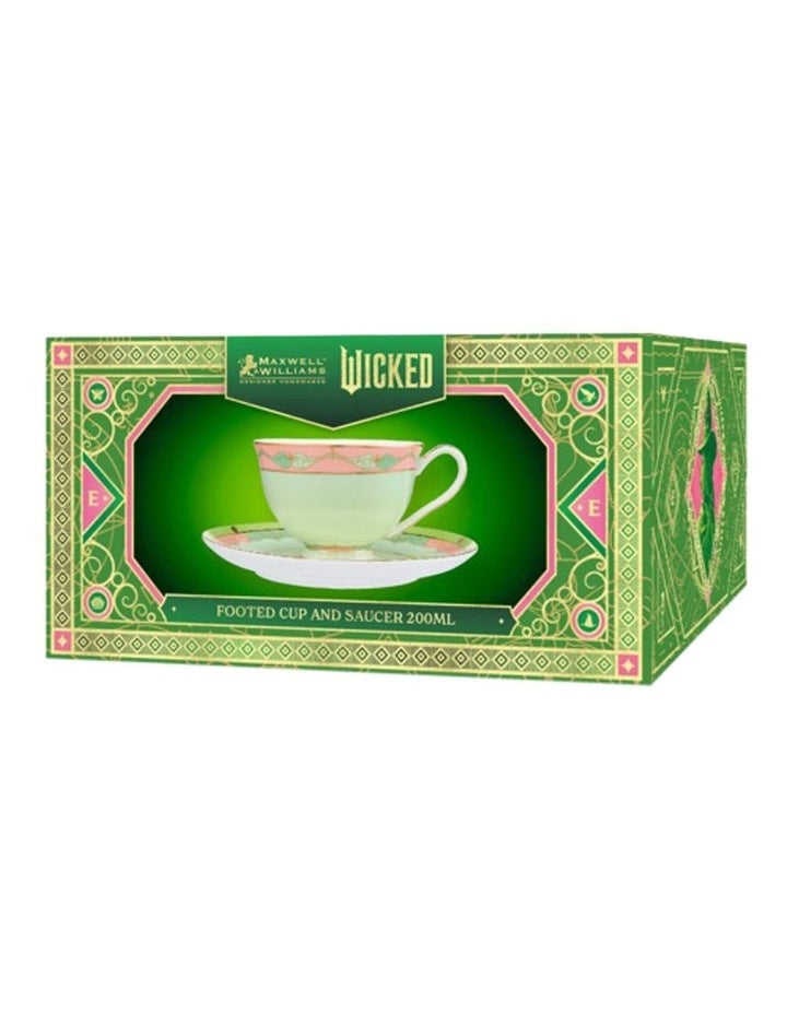 Wicked Pink Goes Good With Green Footed Cup & Saucer 200ml Elphaba Gift Boxed