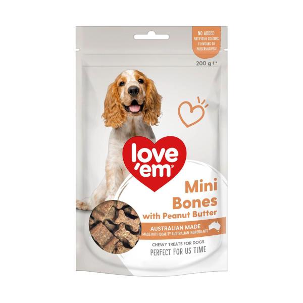 LOVE' EM MINI BONES WITH PEANUT BUTTER DOG TREATS 200G