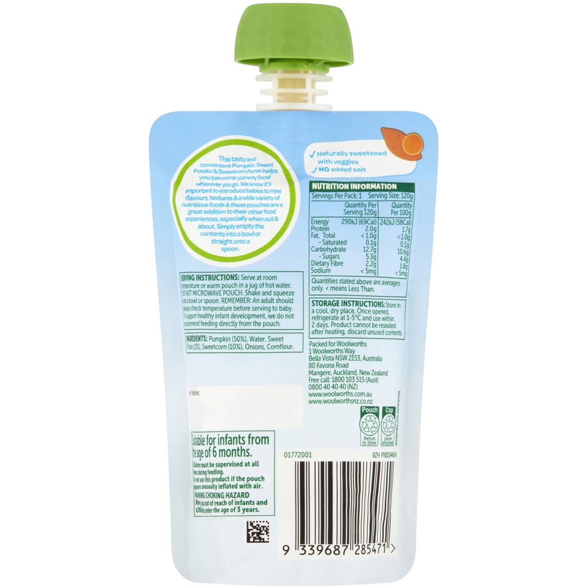 Woolworths Smiling Tums Pumpkin, Sweet Potato & Sweetcorn 6+ Months 120g