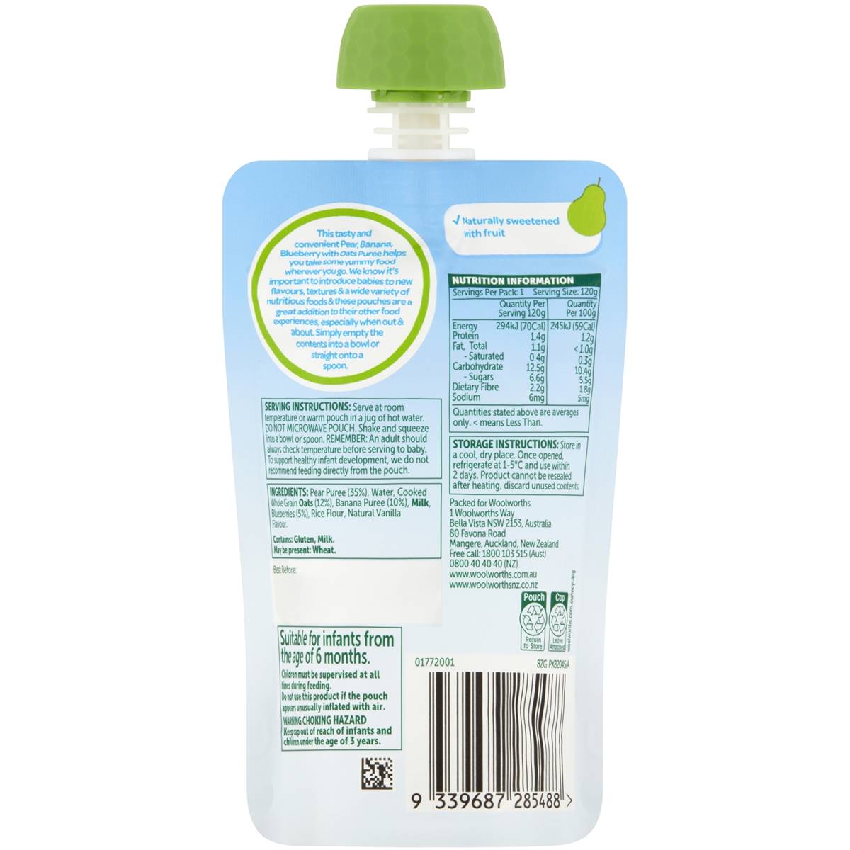 Woolworths Smiling Tums Pear, Banana & Blueberry With Oats 6+ Months 120g