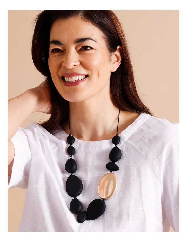 Wood & Metal Bead Necklace in Black