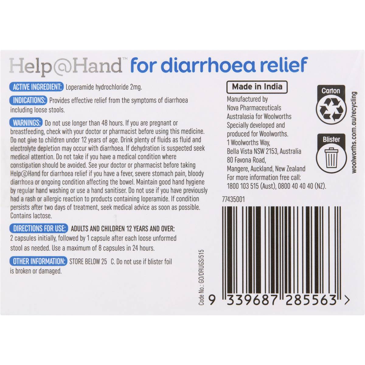 Help@Hand Diarrhoea Relief Capsules 8 Pack