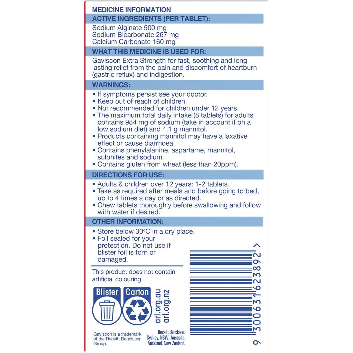 Gaviscon Extra Strength Peppermint Tablets For Acid Reflux Relief 24 Pack