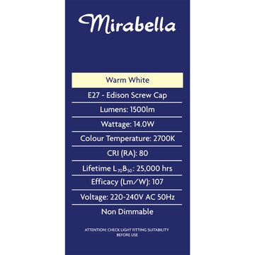 Mirabella LED GLS ES 14.0W 1500lm Warm White 2 pack