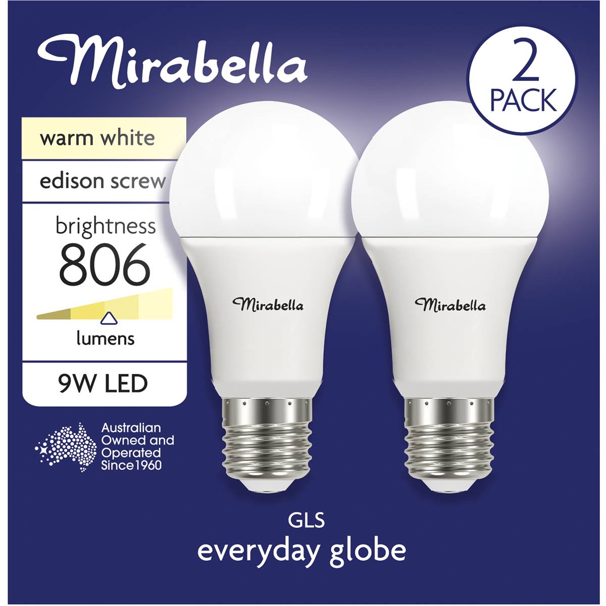 Mirabella Led Gls Edison Screw 9w 806lm Warm White Light Globe 2 Pack