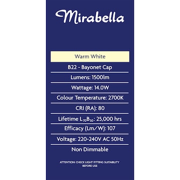 Mirabella LED GLS BC 14.0W 1500lm Warm White 2 pack