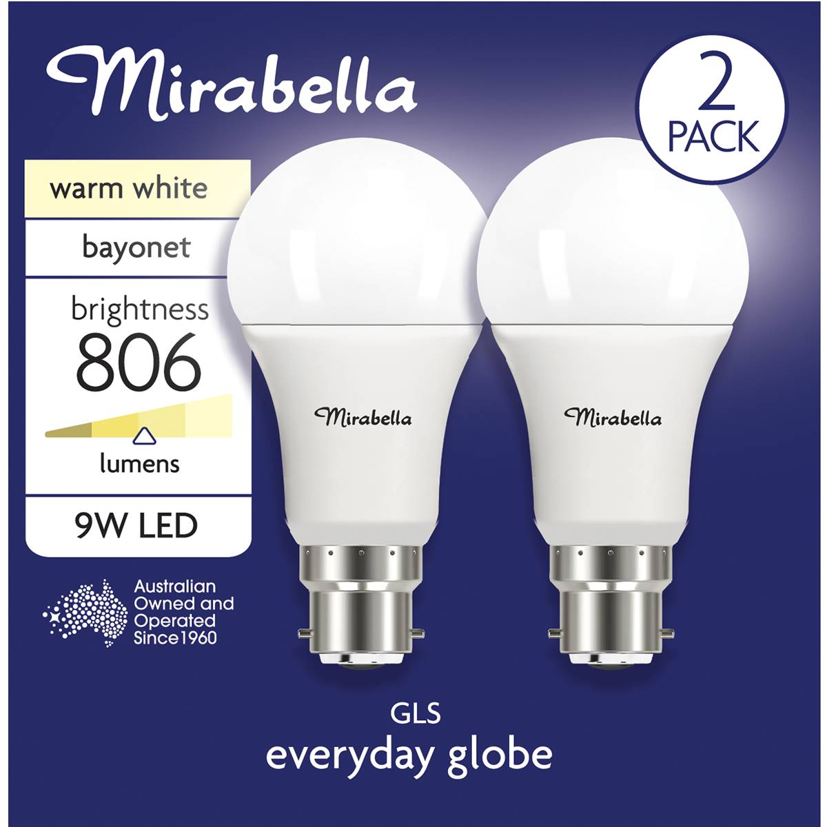 Mirabella Led Gls Bayonet Cap 9w 806lm Warm  White Light Globe 2 Pack