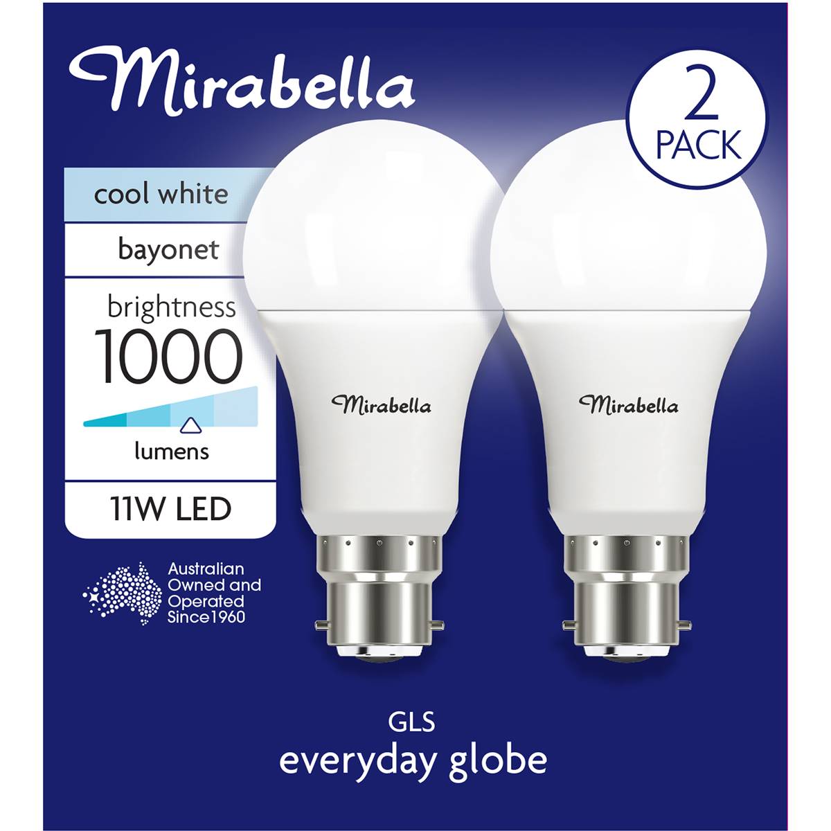 Mirabella Led Gls Bc 11w 1000lm Cool White 2 Pack