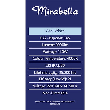 Mirabella LED GLS BC 11W 1000lm Cool White 2 pack