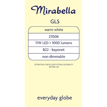 Mirabella LED GLS BC 11W 1000lm Warm White 2 pack
