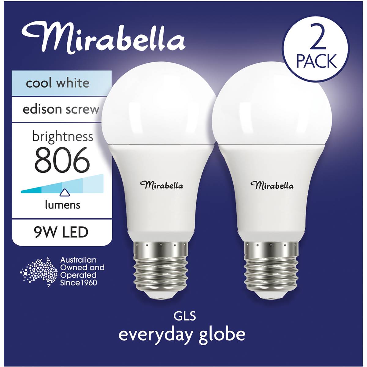 Mirabella Led Gls Edison Screw 9w 806lm Cool White Globe 2 Pack