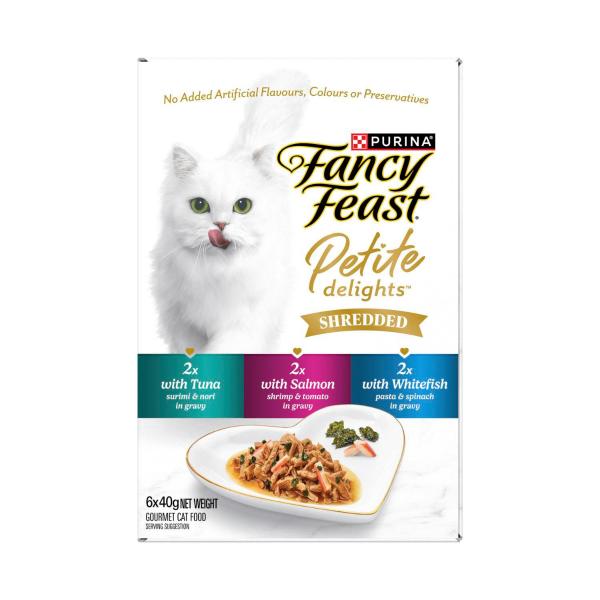 FANCY FEAST PETITE DELIGHTS SHREDDED CAT FOOD WITH TUNA SALMON AND WHITEFISH 6X40G 240GRAM