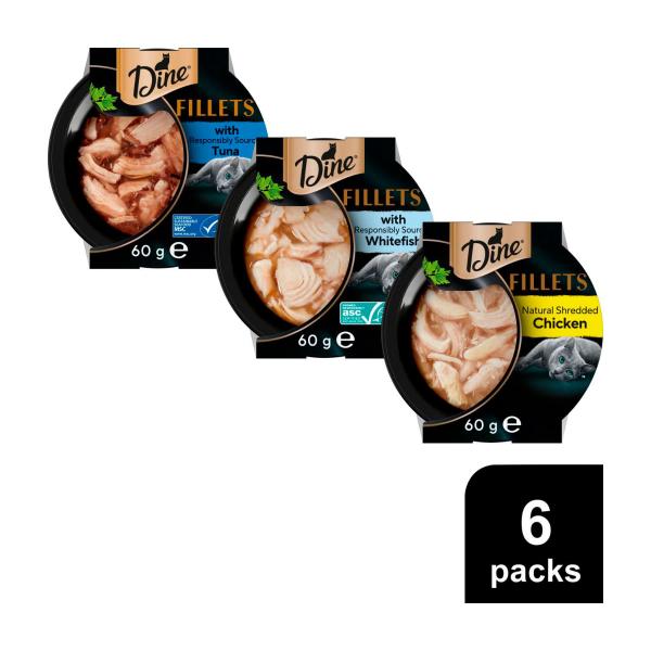 DINE FILLETS SELECTION TUNA WHITEFISH CHICKEN CAT FOOD 6X60G 360G