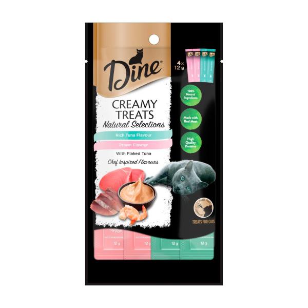 DINE CREAMY TREATS NATURAL SELECTIONS RICH TUNA FLAVOUR & PRAWN FLAVOUR CAT FOOD 4X12G 48G